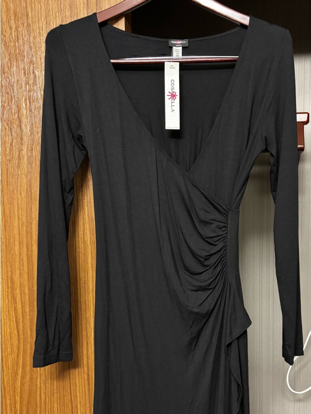 NEW! Cosabella Dress Black Surplice “Wrap Dress” Look Sz.S Midi Length NWT
